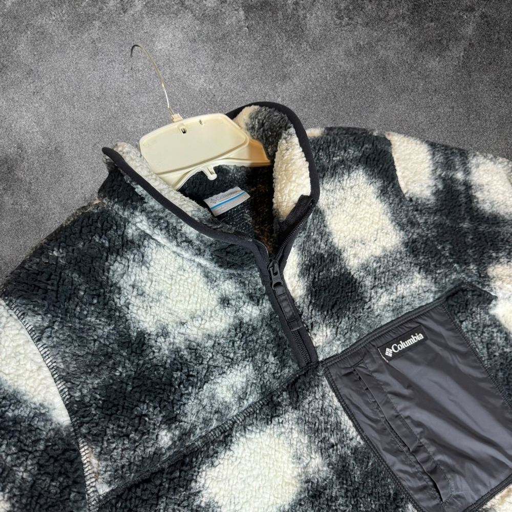 Columbia Women L Sherpa Fleece Pullover Black White Plaid Quarter Zip Teddy